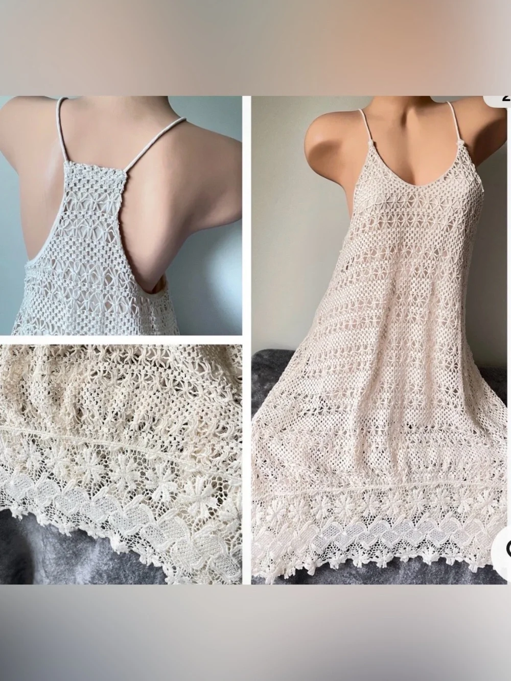 H&M Boho Crochet Lined Racerback Dress in Cream, Size 14, EUC/SEE COMMENTS
